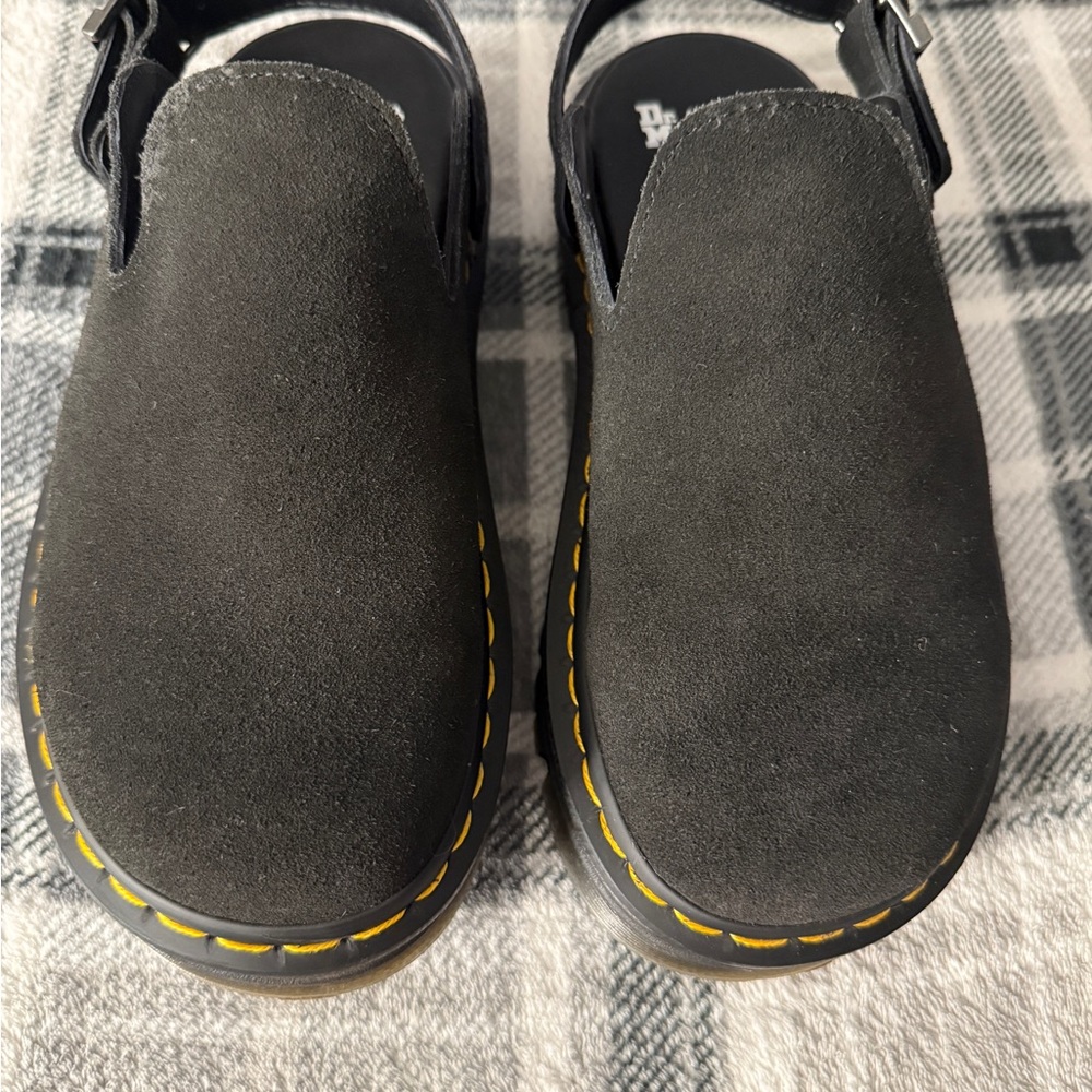 Dr. Martens Zebzag Black Suede Slip-Ons with Yellow Stitching